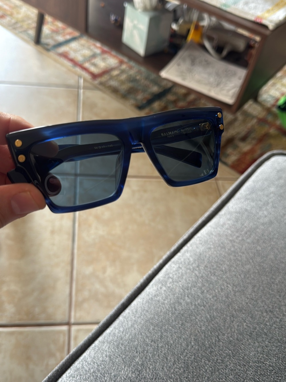 Balmain Blue Transparent Square Sunglasses with Gold Accents